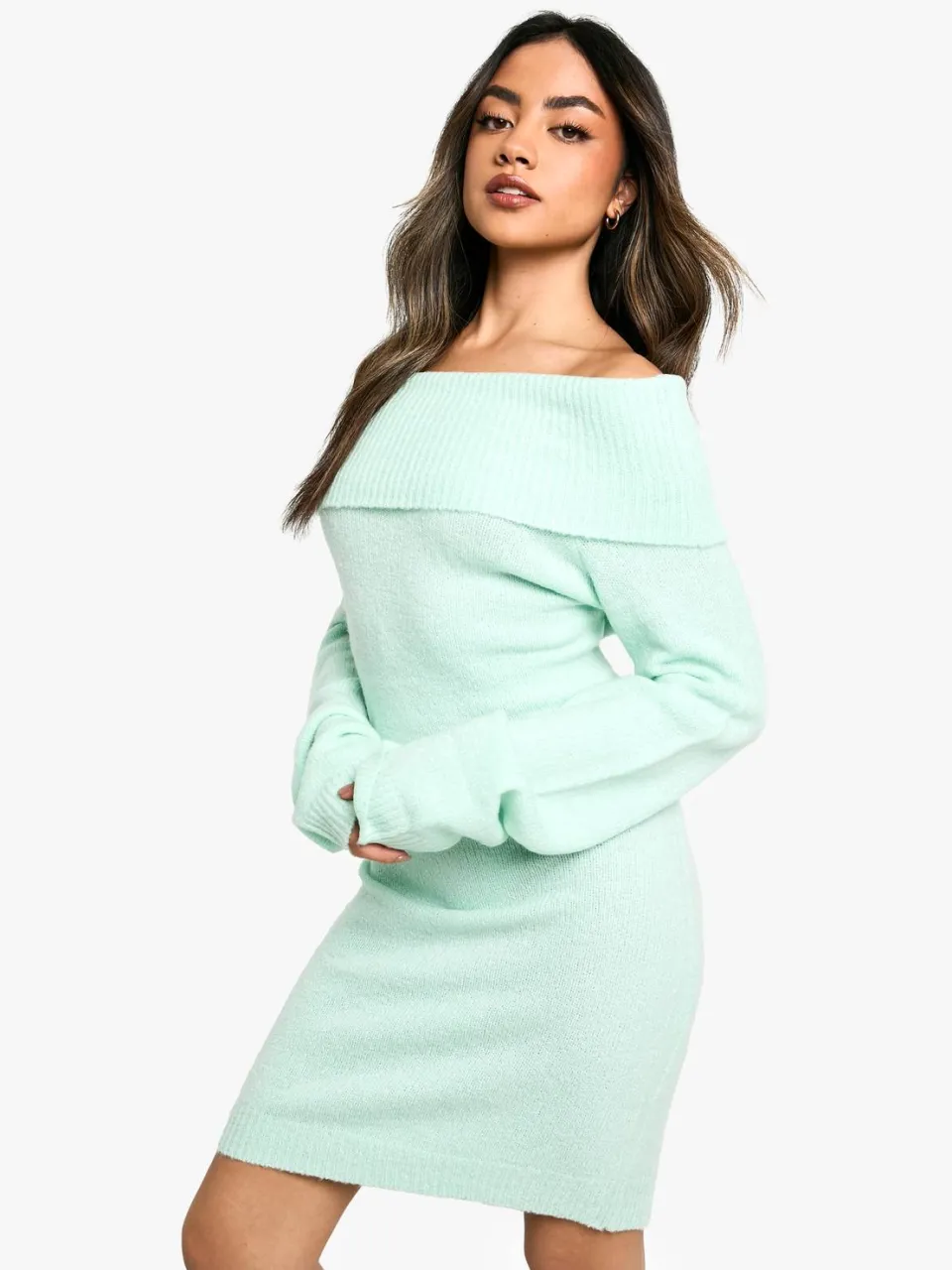 boohoo Dames Rib Bardot decollete Mini Jumper Jurk munt, foto 3