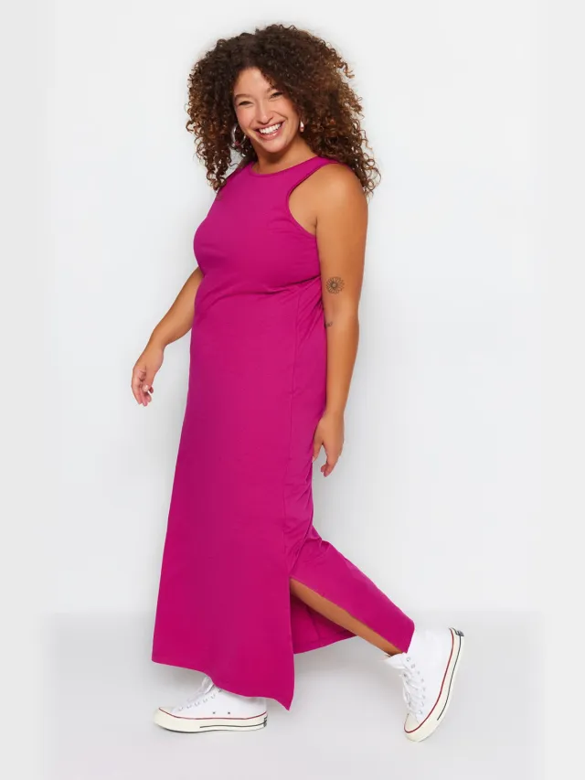 Trendyol Curve Dames Roze Effen Maxi Mouwloos Casual Recht Grote maten Jurk Fuchsia