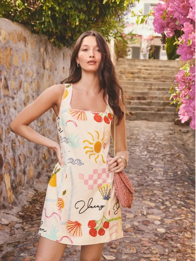 Next Dames - Mini-shiftjurk met vierkante hals - Crème Ecru Tomato Print