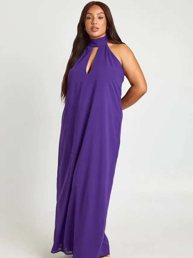 boohoo Dames Plus Plunge Chiffon Halter Maxi Jurk Met Ruches Violet