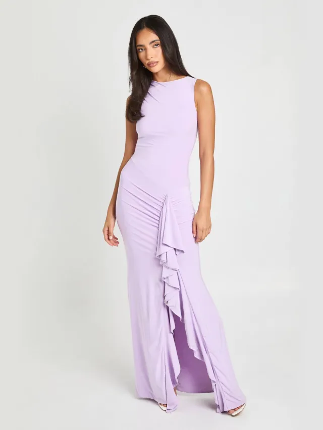 boohoo Dames Maxi Jurk Met Ruches Detail En Zachte Touch Lila