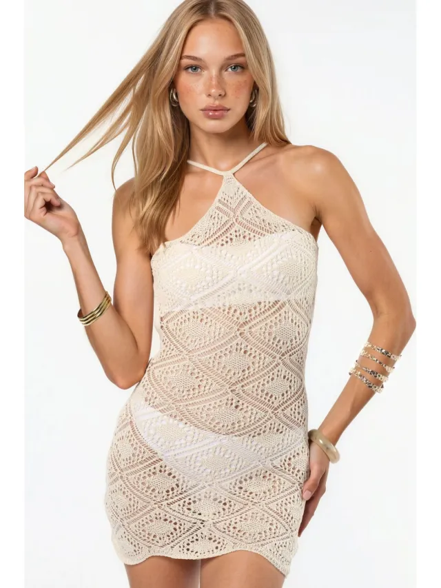 Hiccup Gebreide Mini Halter Nek Strandjurk Beige