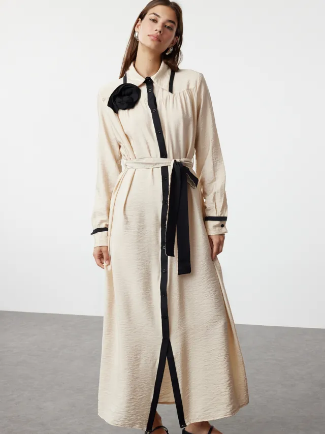 Trendyol Modest Dames Ecru Maxi Lang Casual Blousejurk Modest Jurken