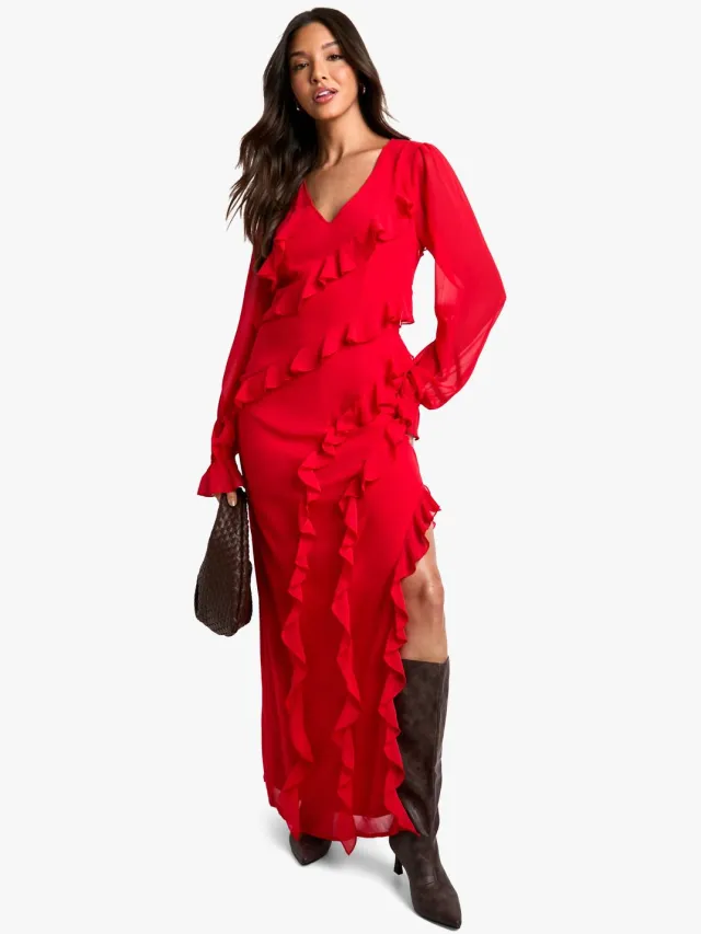 boohoo Dames Ruffle lange mouw chiffon maxi-jurk Rood