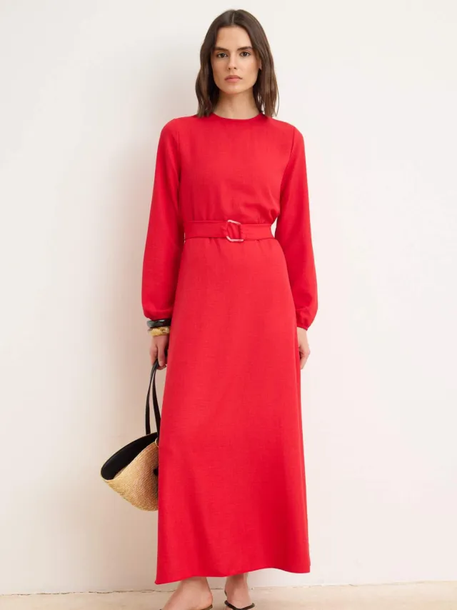 Trendyol Modest Dames Rood Effen Maxi Lang Casual Skater Modest Jurken