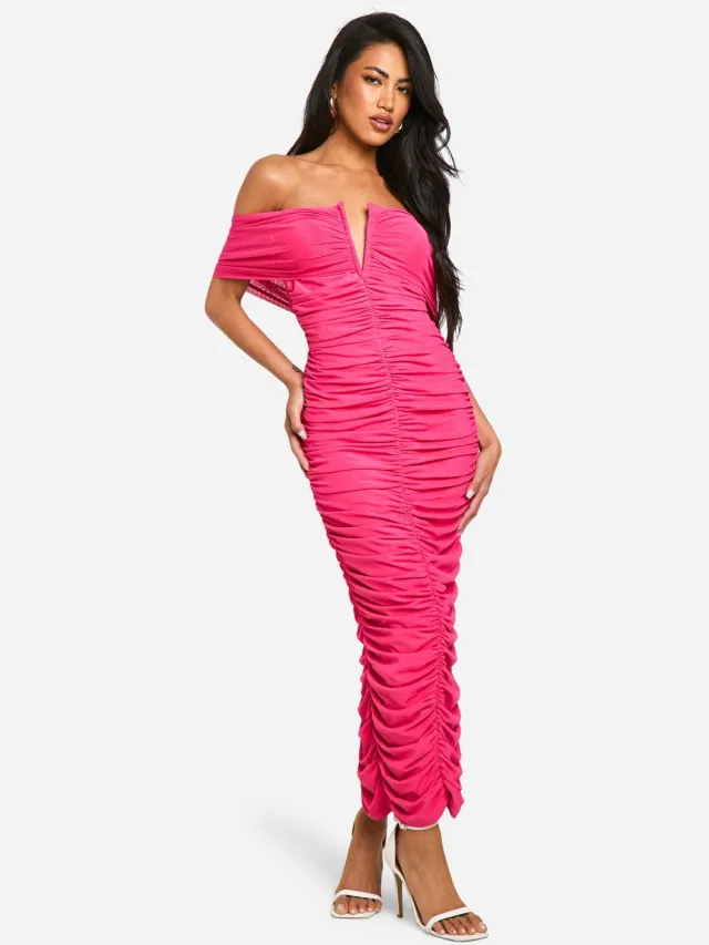 boohoo Dames Premium Power Mesh Gestructureerde Midaxi Jurk Felroze