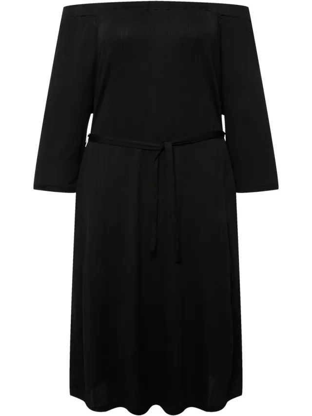 Ulla Popken Dames - Mini-jurk structuur jersey off-shoulder 3/4-mouwen - Zwart - Maat 50+
