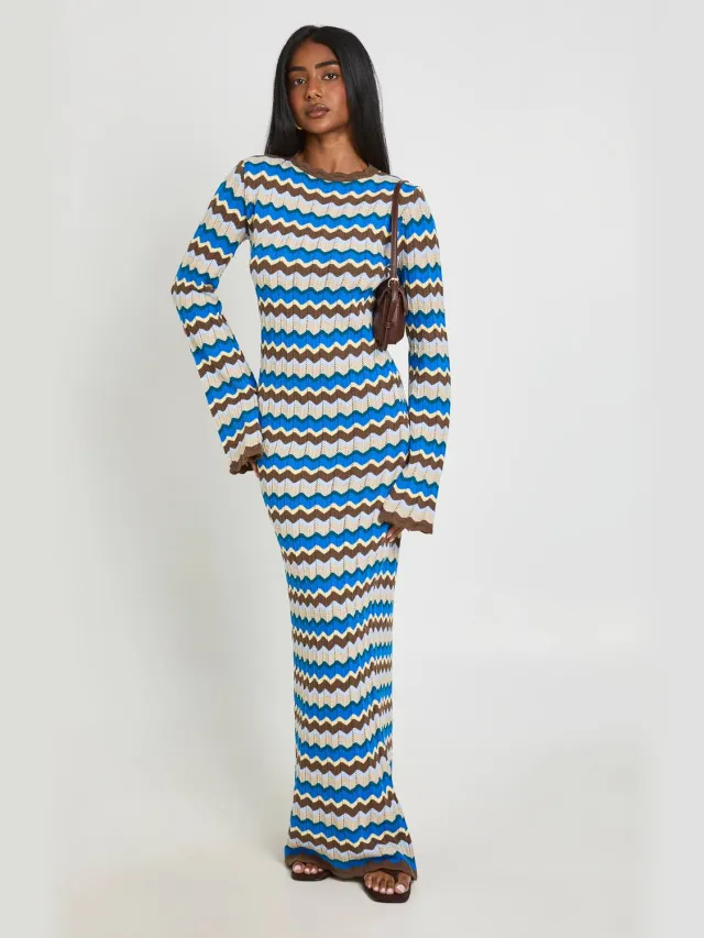 boohoo Dames Gebreide Gestreepte Maxi Jurk Met Lange Mouwen Blauw