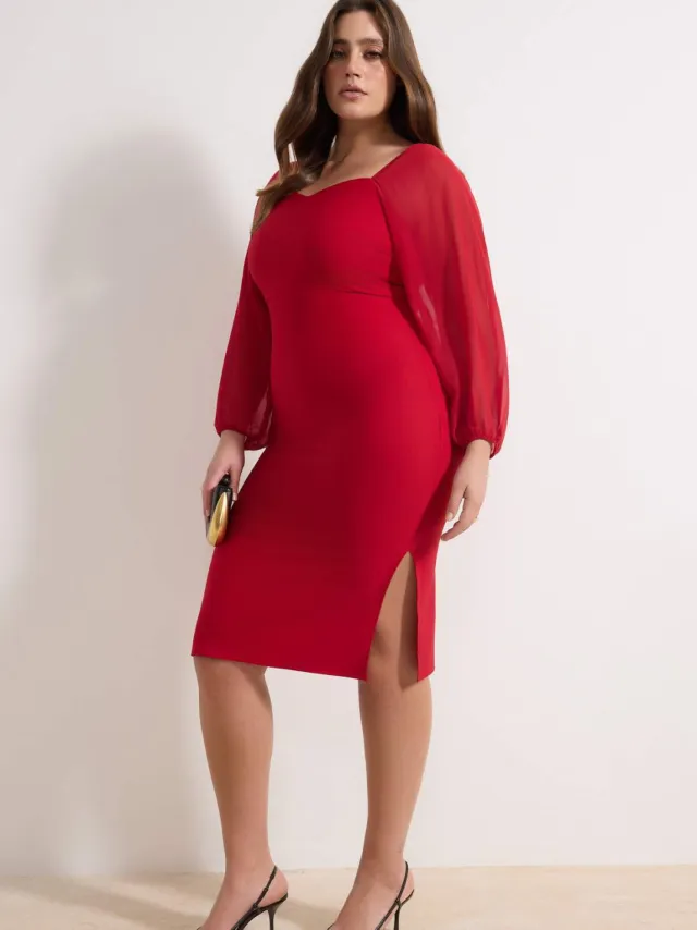 Trendyol Curve Dames Rood Effen Midi Lang Stijlvol/Avond Bodycon Grote maten Jurk
