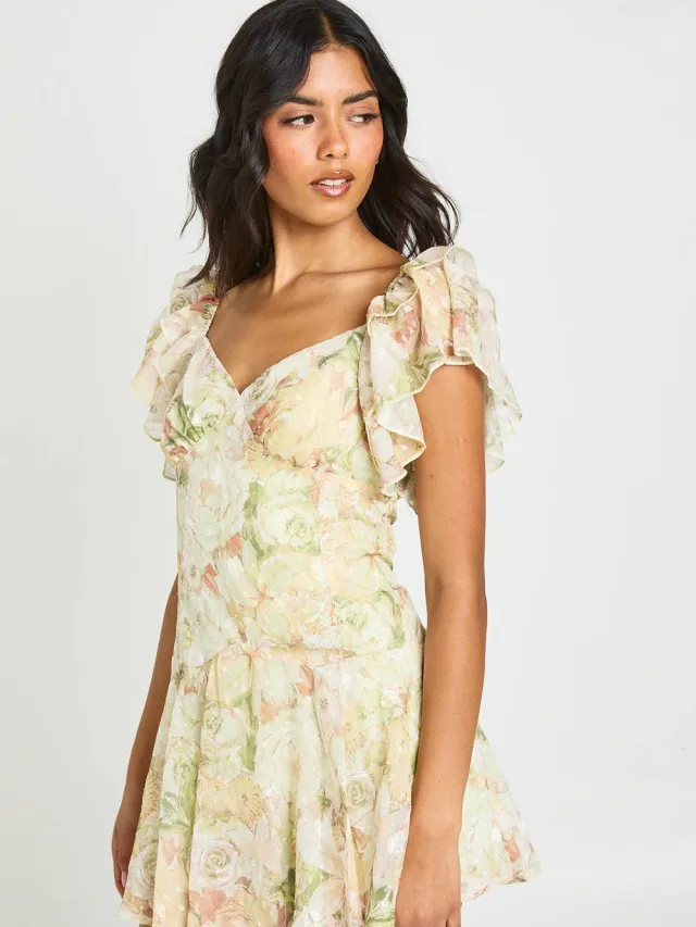 boohoo Dames Jacquard Bloemen Engelmouwen Mini Jurk Zachte Limoen