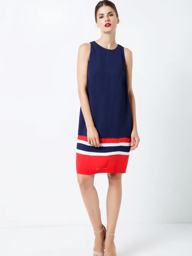 Conquista Mouwloze Blauwe Jurk met Multicolour Paneel Detail Donkerblauw