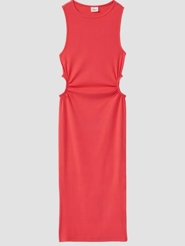 S.Oliver female - Geribde midi-jurk met uitsnijding en split koraalrood
