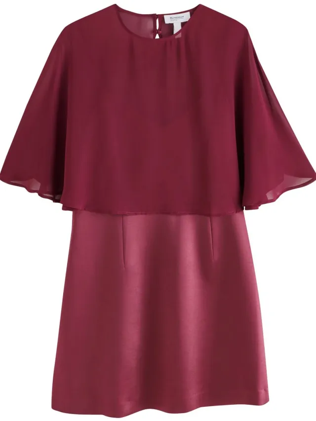 Next Dames - N.Premium doorschijnende mini-jurk met cape en bandjes - Rood Burgundy Red