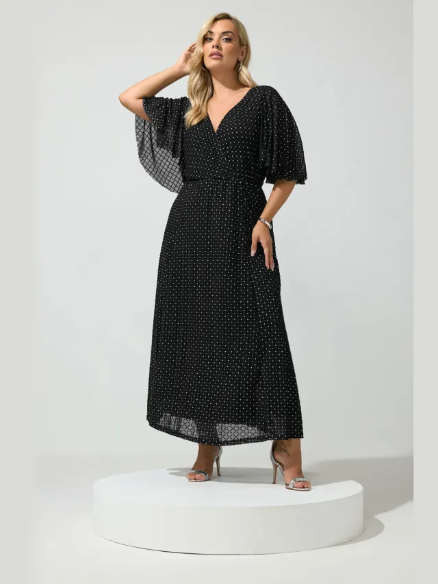 Yours London Zwarte Wikkeljurk Van Mesh Met Glitters Black