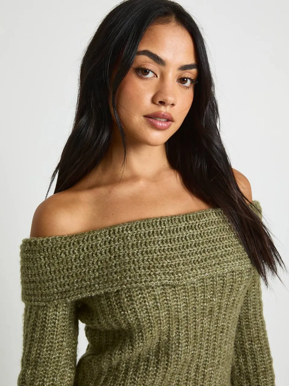 boohoo Dames Chunky Knit Bardot Mini Jurk kaki, foto 4