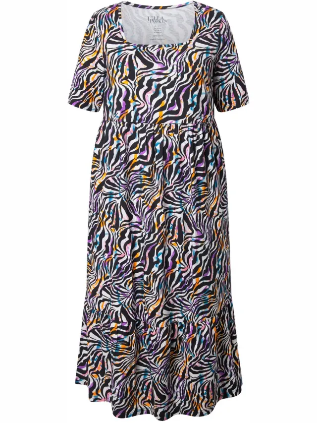 Ulla Popken Dames - Maxi-jurk dier A-lijn carréhals korte mouwen - Zwart - Maat 50+