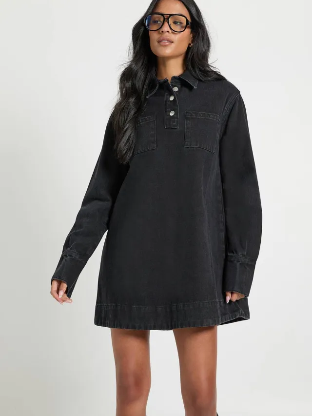 boohoo Dames Hoge denim jurk met lange mouwen Washed Black