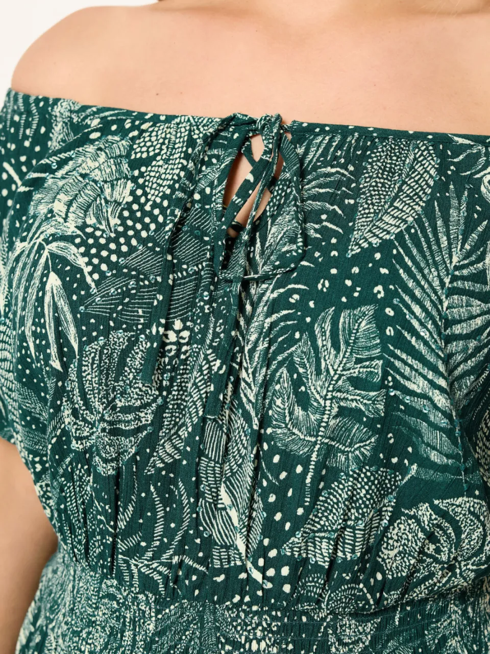 Yours Groene Bardotmaxijurk Met Bladprint En Striksluiting, foto 3