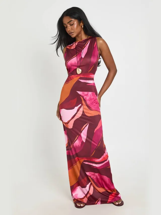 boohoo Dames Maxi Jurk Met Slash Hals En Abstract Dessin In Superzacht Materiaal Roze