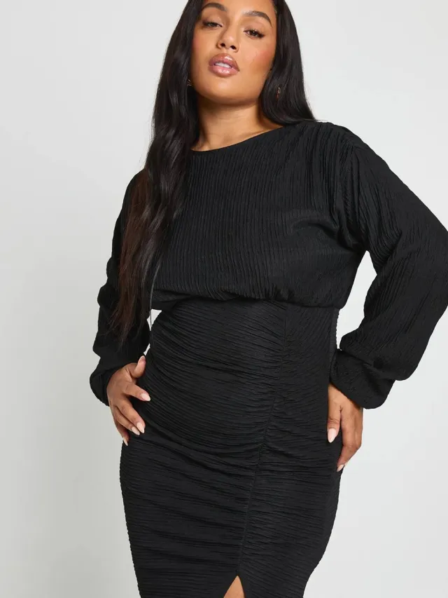 boohoo Dames Plus gerimpelde gefronceerde lange mouwen mini-jurk Zwart