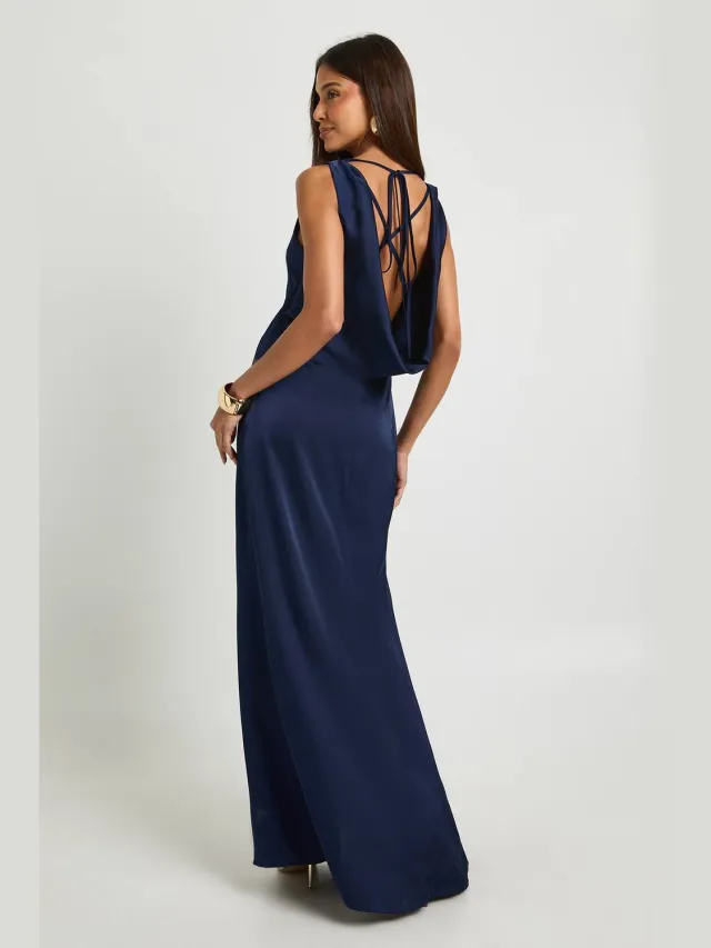 boohoo Dames Satijnen maxi‐jurk met draperende achterkant Navy