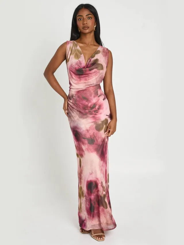 boohoo Dames Mesh Maxi Jurk Met Vervaagde Bloemenprint En Waterval Halslijn Roos