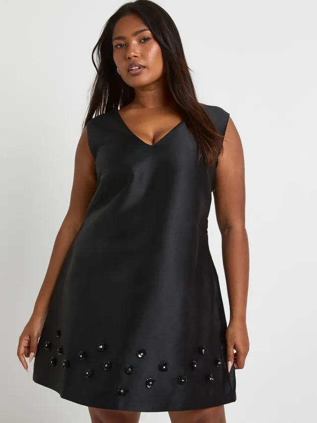 boohoo Dames Plus Flower Diamante Zoom Shiftjurk zwart, foto 3