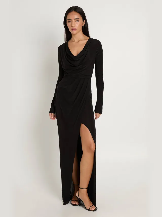 boohoo Dames Slinky Gerimpelde Wikkel Maxi Jurk Met Lange Mouwen Zwart
