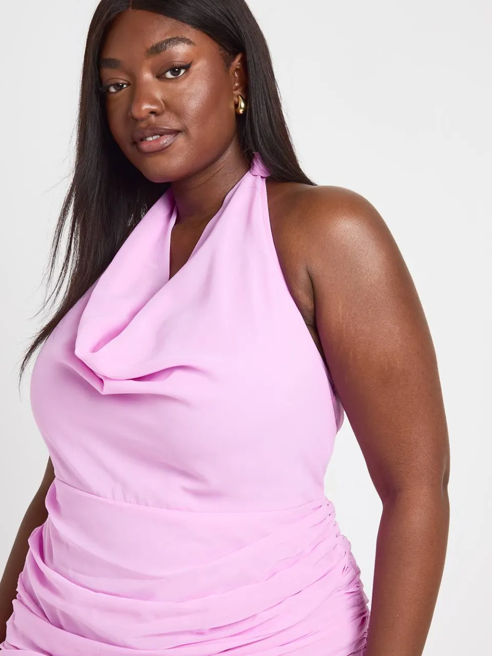 boohoo Dames Plus Maat Bloemen Chiffon Maxi Jurk Met Waterval Halslijn roze, foto 3