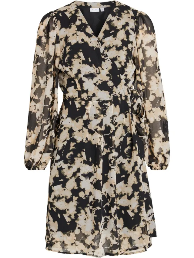 Vila VIRINA KIT L/S SHORT WRAP KNEE DRESS/SU Dames Jurk Black