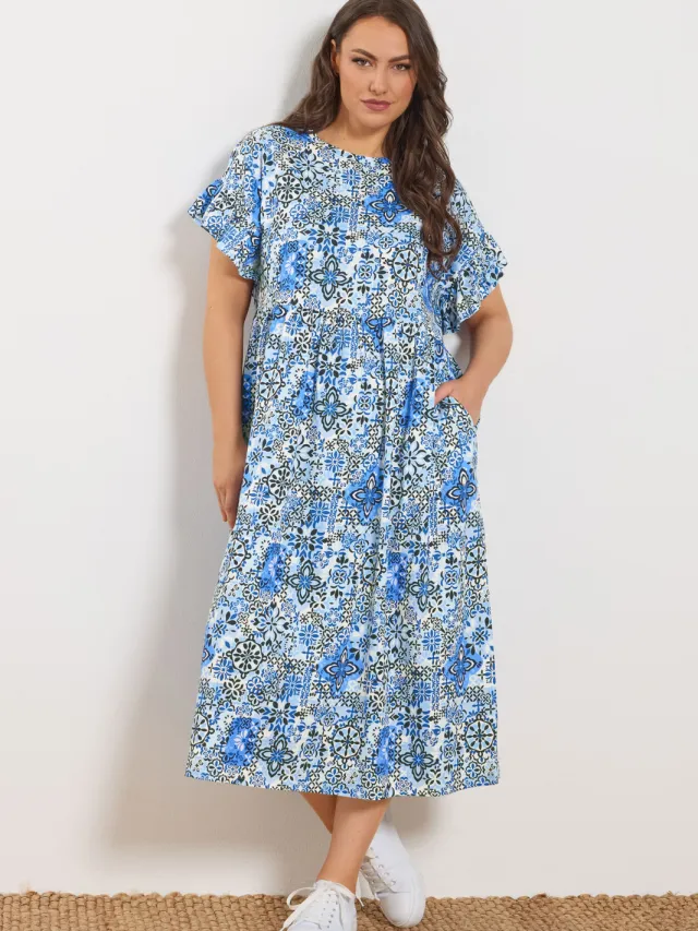 Yours Blauwe Abstracte Mozaïekprint Midijurk Blue