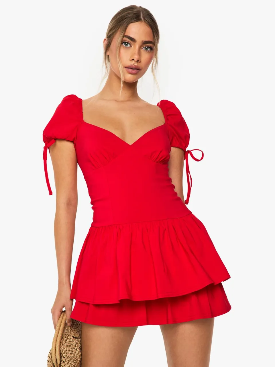 boohoo Dames Frill Puff Sleeve Milkmaid Mini Jurk rood, foto 5