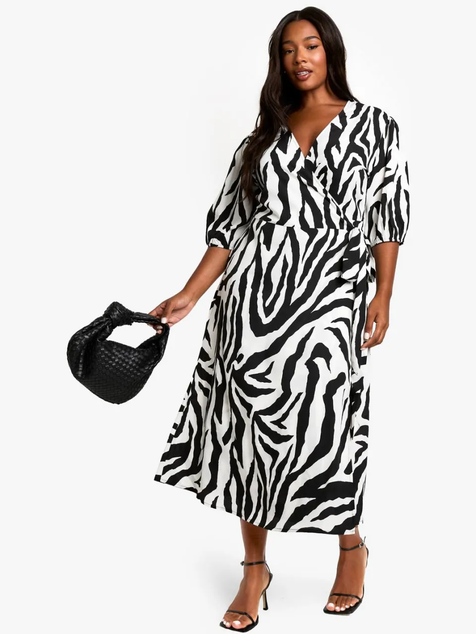 boohoo Dames PLUS GEWEVEN DIERENPRINT WRAP MIDI JURK zwart, foto 3