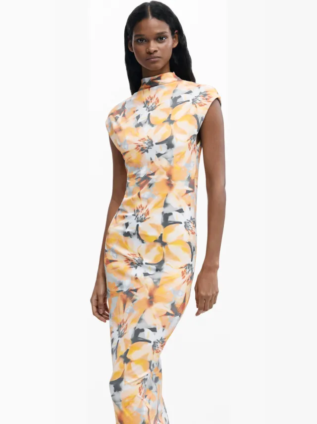 Desigual gebloemde midi jurk oranje Oranje/ecru