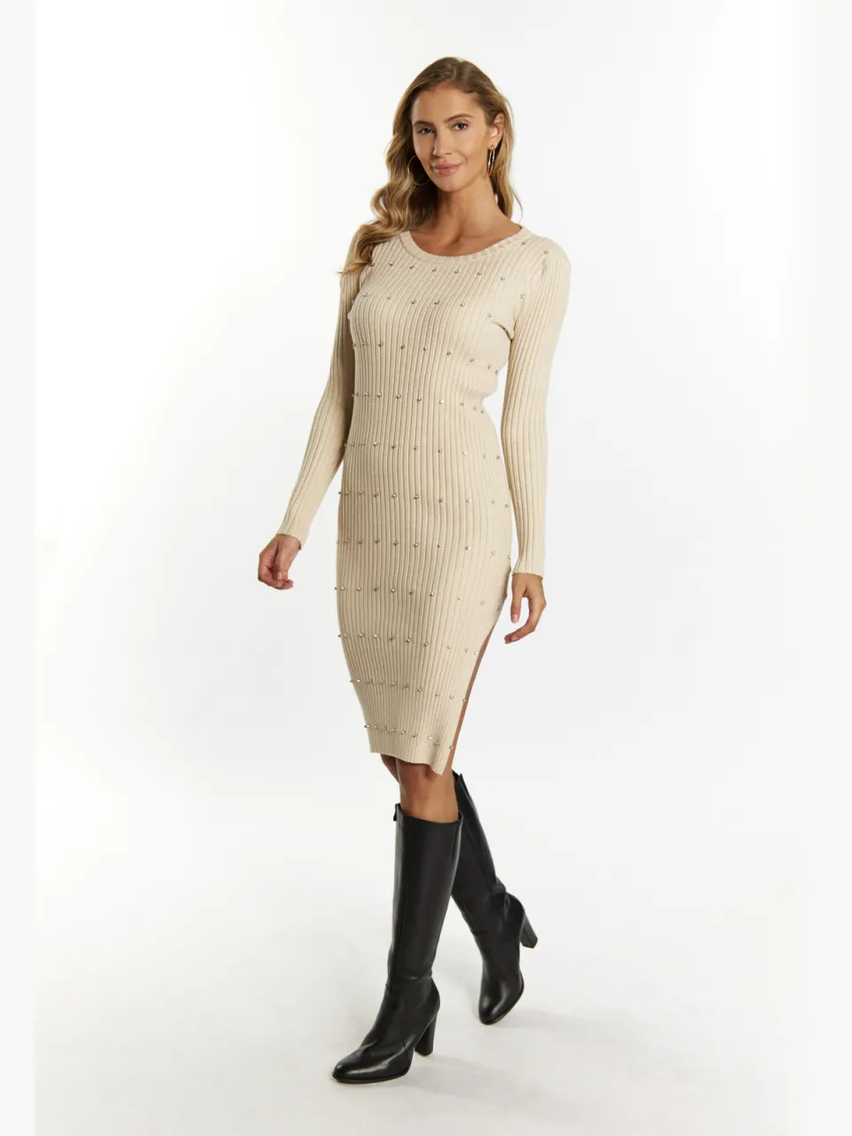 Faina Ribgebreide jurk met strasssteentjes Dames lichtbeige