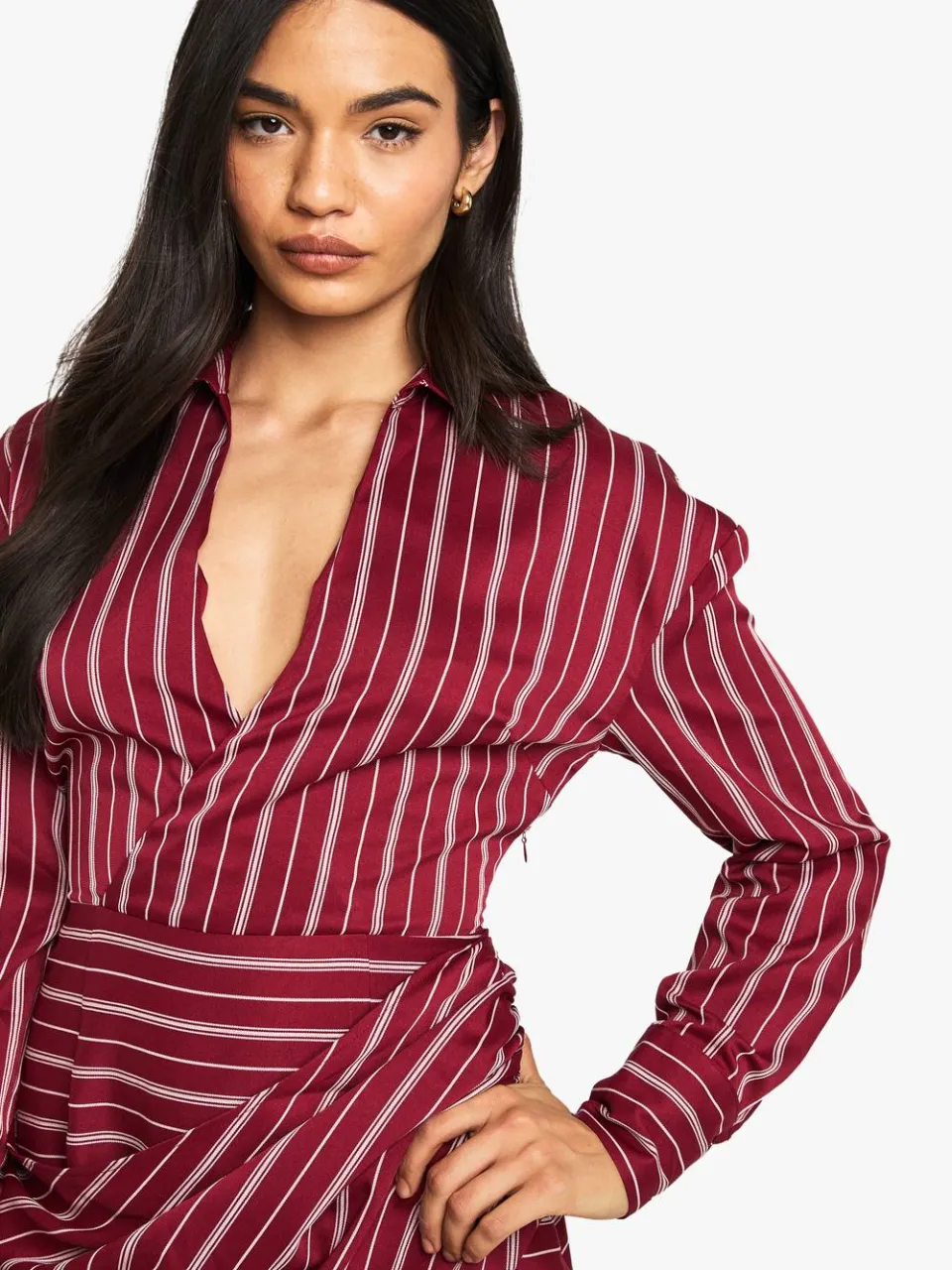 boohoo Dames Gestreepte wikkeloverhemdjurk rood, foto 4