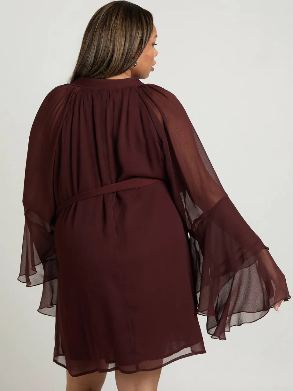 boohoo Dames Plus Chiffon Uitlopende Mouw Skater Jurk chocoladebruin, foto 2