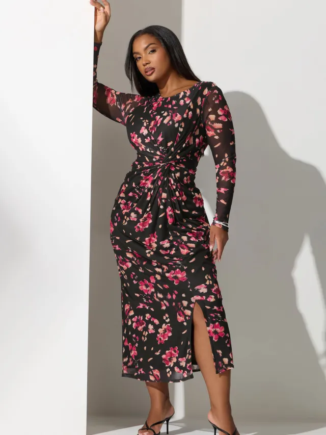 Yours London Zwarte Maxijurk Met Bloemenprint En Knoop Aan De Zijkant-56 Black