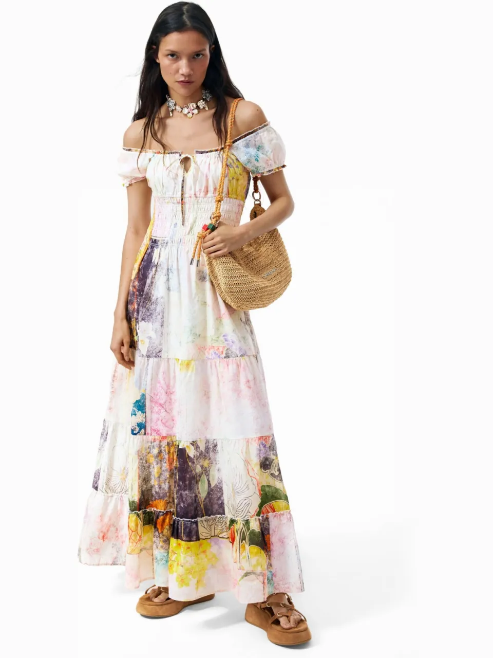Desigual off shoulder midi jurk met print - meerkleurig Multi