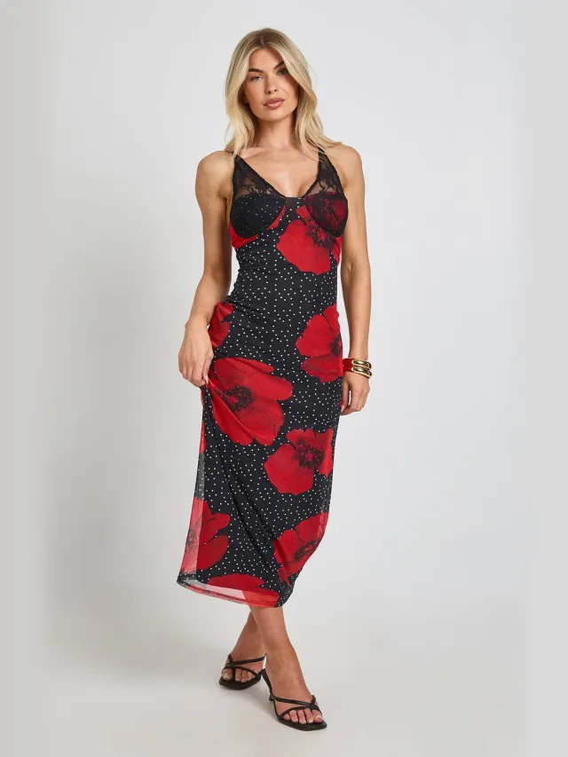 boohoo Dames Bodycon Jurk Met Polkadot En Bloemenprint En Kanten Cup Detail Zwart