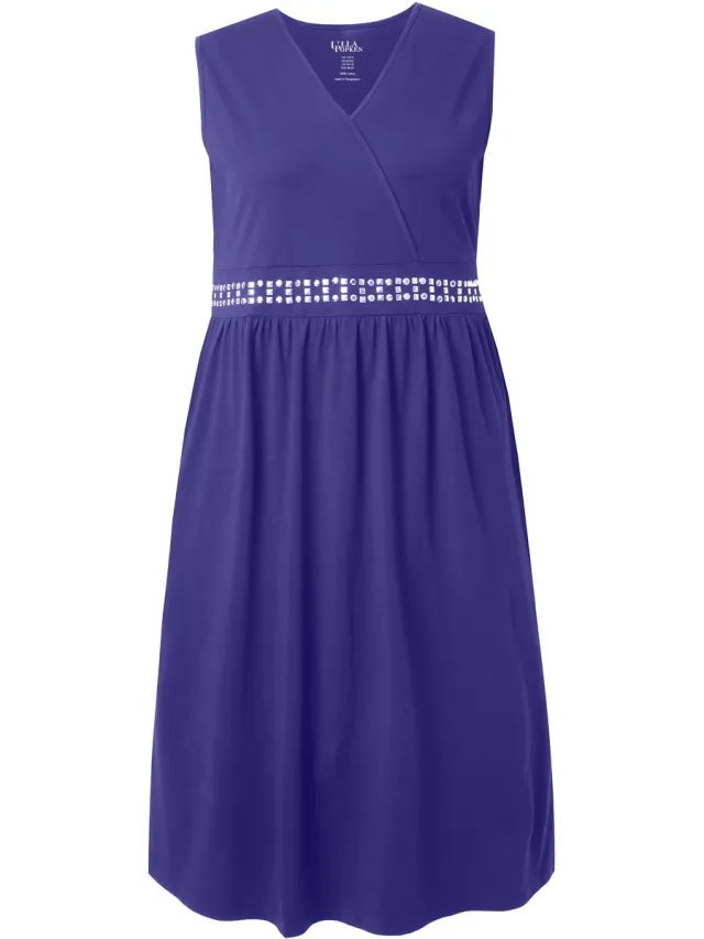 Ulla Popken Dames - Midi-jurk borduursel wikkellook V-hals mouwloos - Purper - Maat 66+