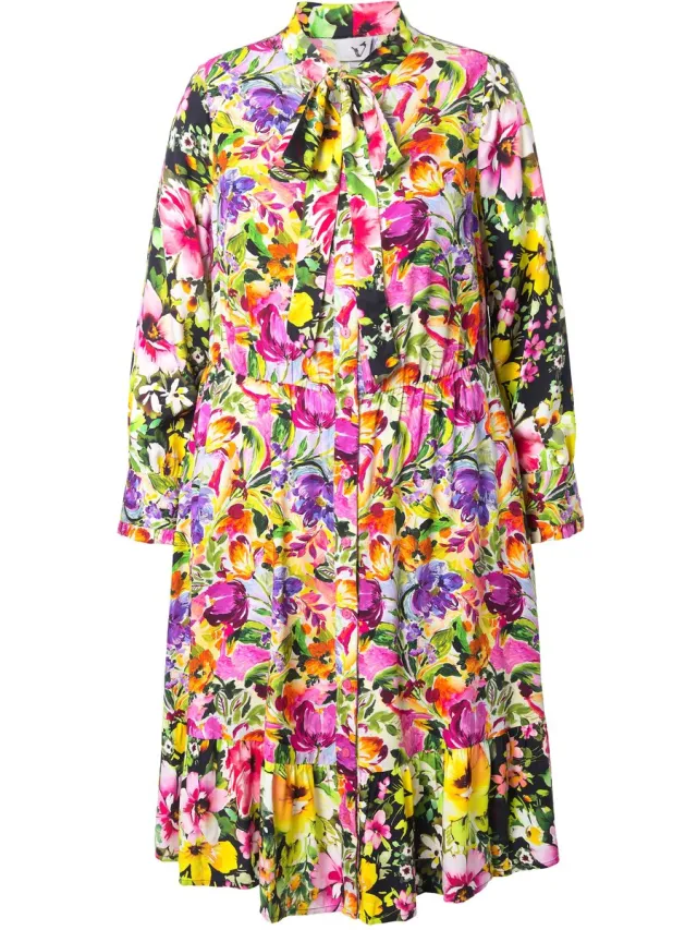 Ulla Popken Dames - Midi-jurk motiefmix A-lijn V-hals lange mouwen - Zomerbes - Maat 58+