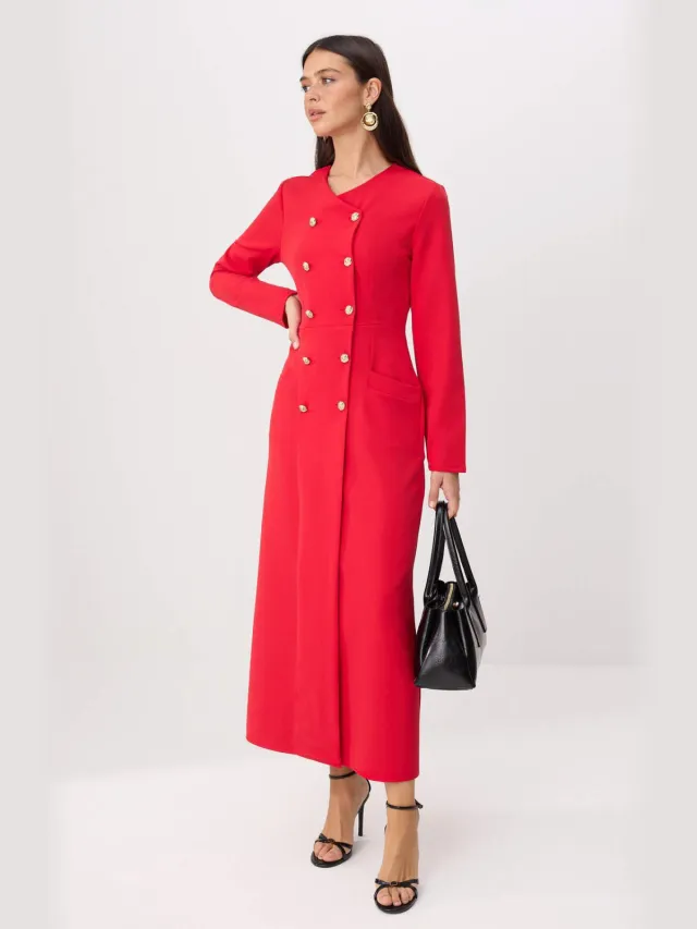 Trendyol Modest Dames Rood Effen Maxi Lang Zakelijk Double-breasted Modest Jurken