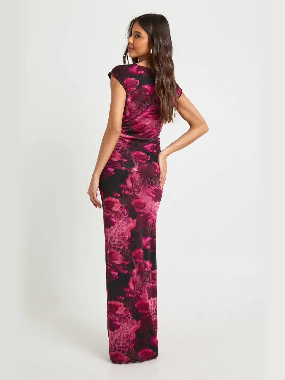 boohoo Dames Gemixte Bloemenprint Geplooide Taille Mesh Maxi Jurk roze, foto 2