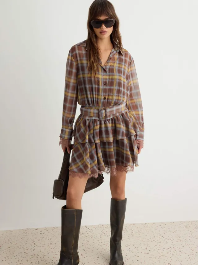 Trendyol TRENDYOLMİLLA Dames Bruin Geruit Kort / Mini Lang Blousejurk Jurken