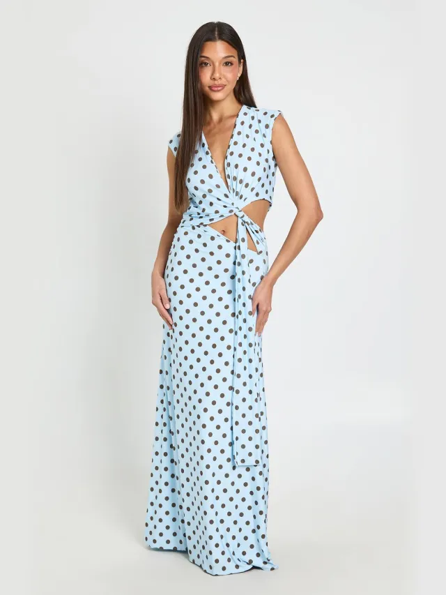 boohoo Dames Maxi Jurk Met Polkadots, Cut-out Details En Knoopdetail Pastelblauw