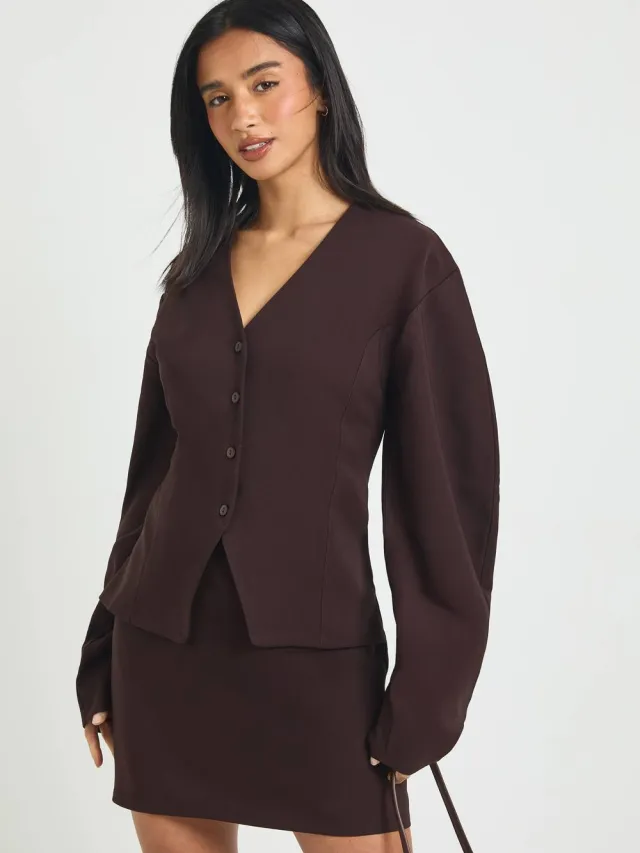 boohoo Dames Petite 2-in-1 Blazerjurk met Ballonmouwen Chocoladebruin
