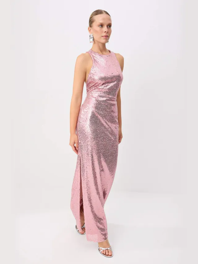 Trendyol TRENDYOLMİLLA Dames Roze Effen Maxi Mouwloos Recht Avond & Gala Jurk