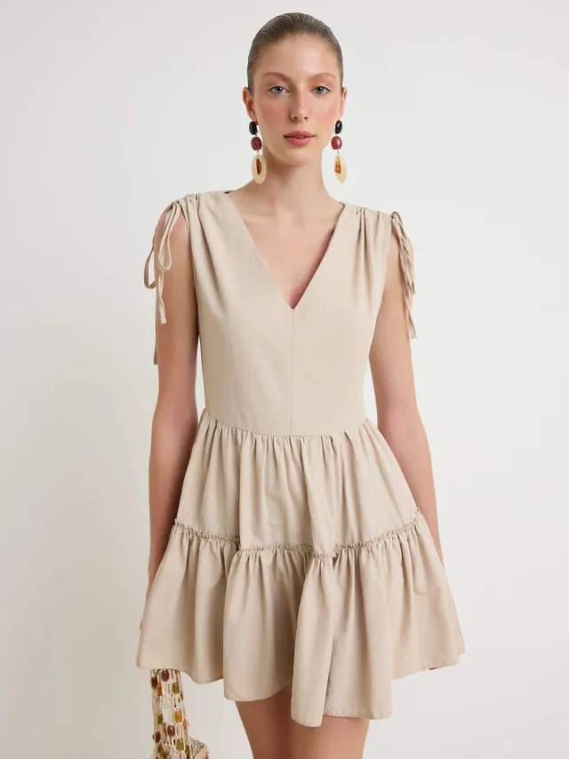 Trendyol TRENDYOLMİLLA Dames Beige Effen Kort / Mini Mouwloos Skater Jurken Gebroken wit