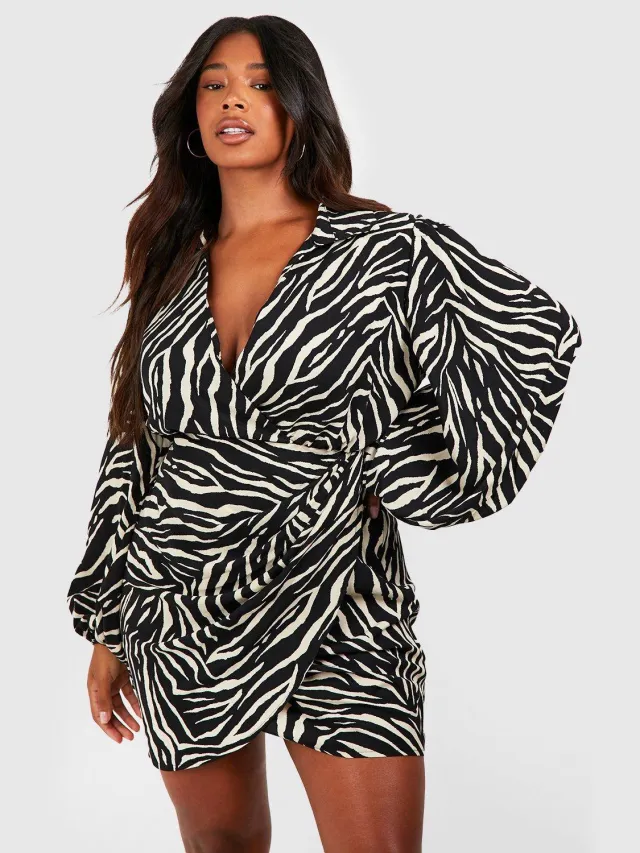 boohoo Dames Plus Zebra Print Blouson Mouw Wrap Jurk Zwart